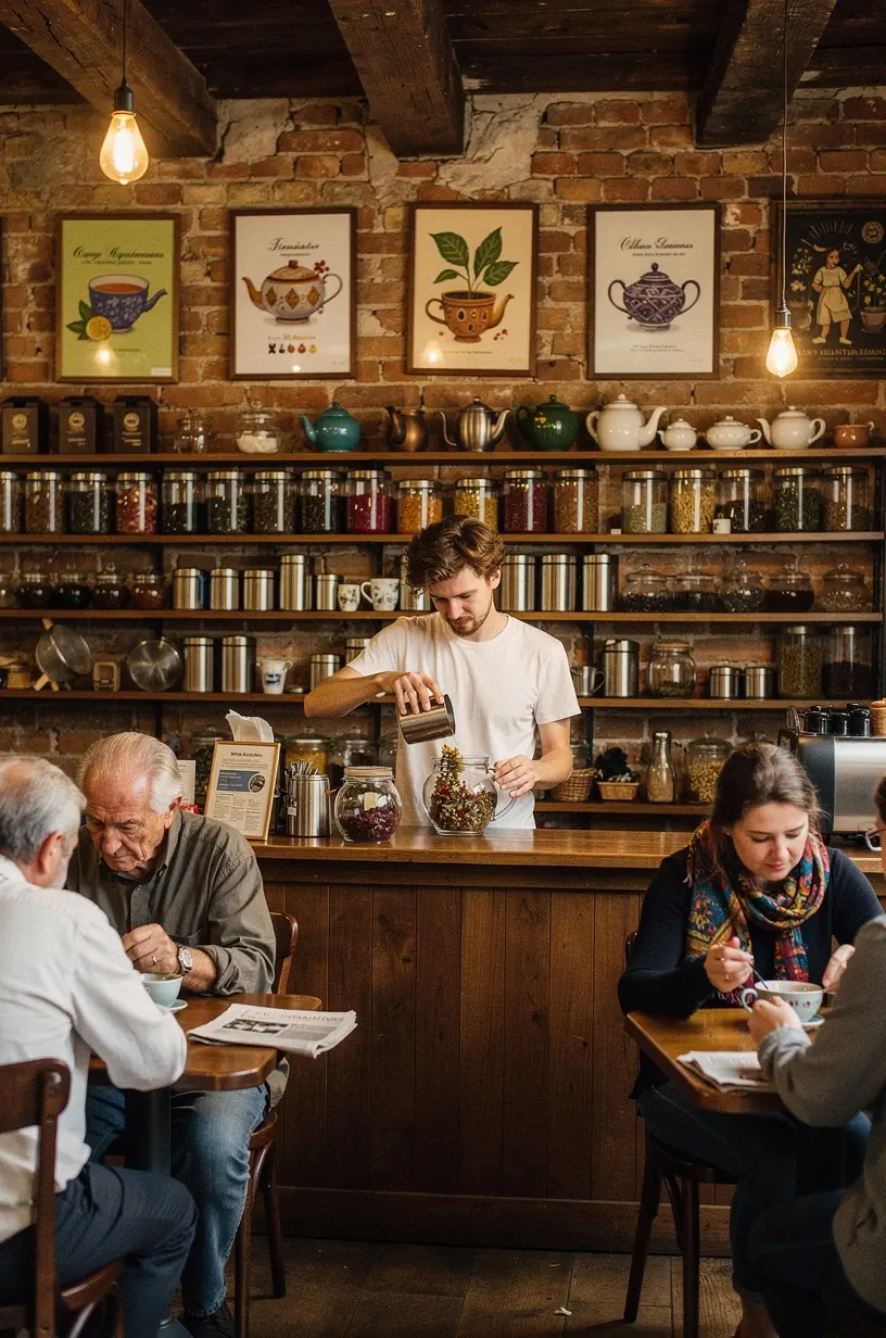 Šilta vaistažolių arbata puodelyje ant medinio stalo, šalia natūralios medžiagos servetėlės.