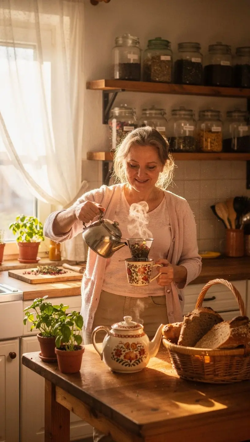 Žmonės, besimėgaujantys žolelių arbata, jaučiasi atsipalaidavę ir ramūs namų aplinkoje.